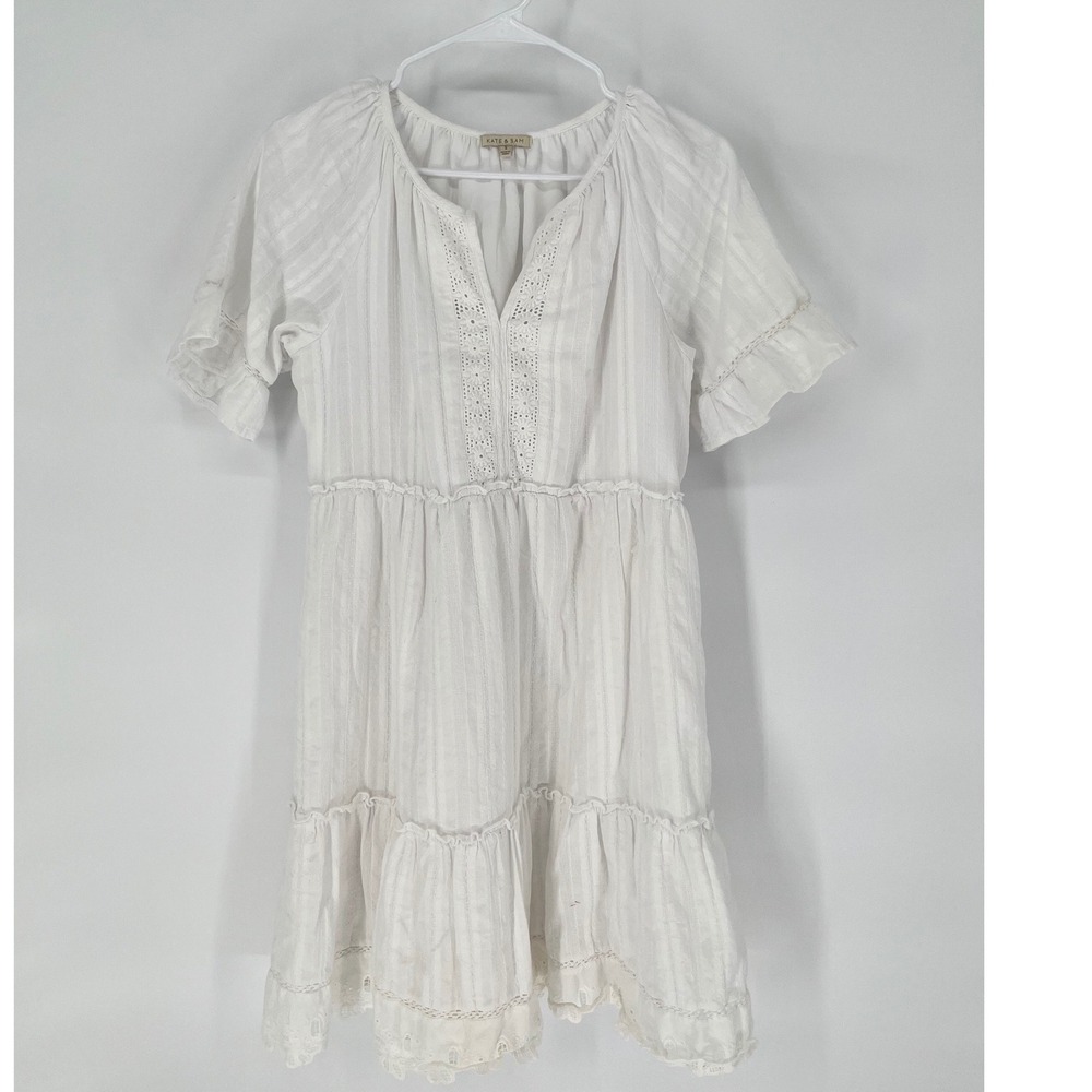 KATE & SAM Tiered Mini Dress Women Size S White Eyelet Ruffle Lace Boho Summer